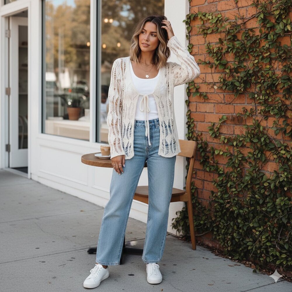 Moon River Open Front Tie Closure Long Sleeve Knit Cardigan in Cream One Size